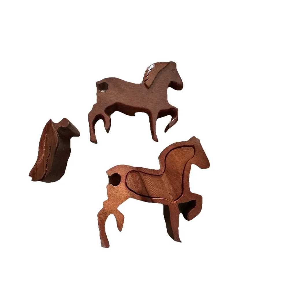 Vintage Hand Carved Wooden Horse Puzzle Trinket Box